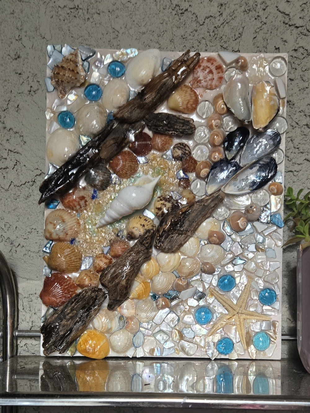 Coastal Shell & Driftwood Mosaic Wall Art - Blue, Tan, Brown